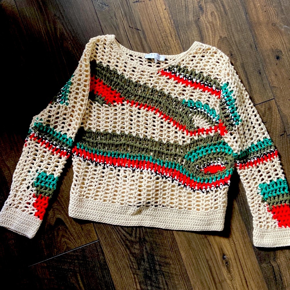 Sandro Crochet Crewneck Sweater in Cream, Green, Red, Teal